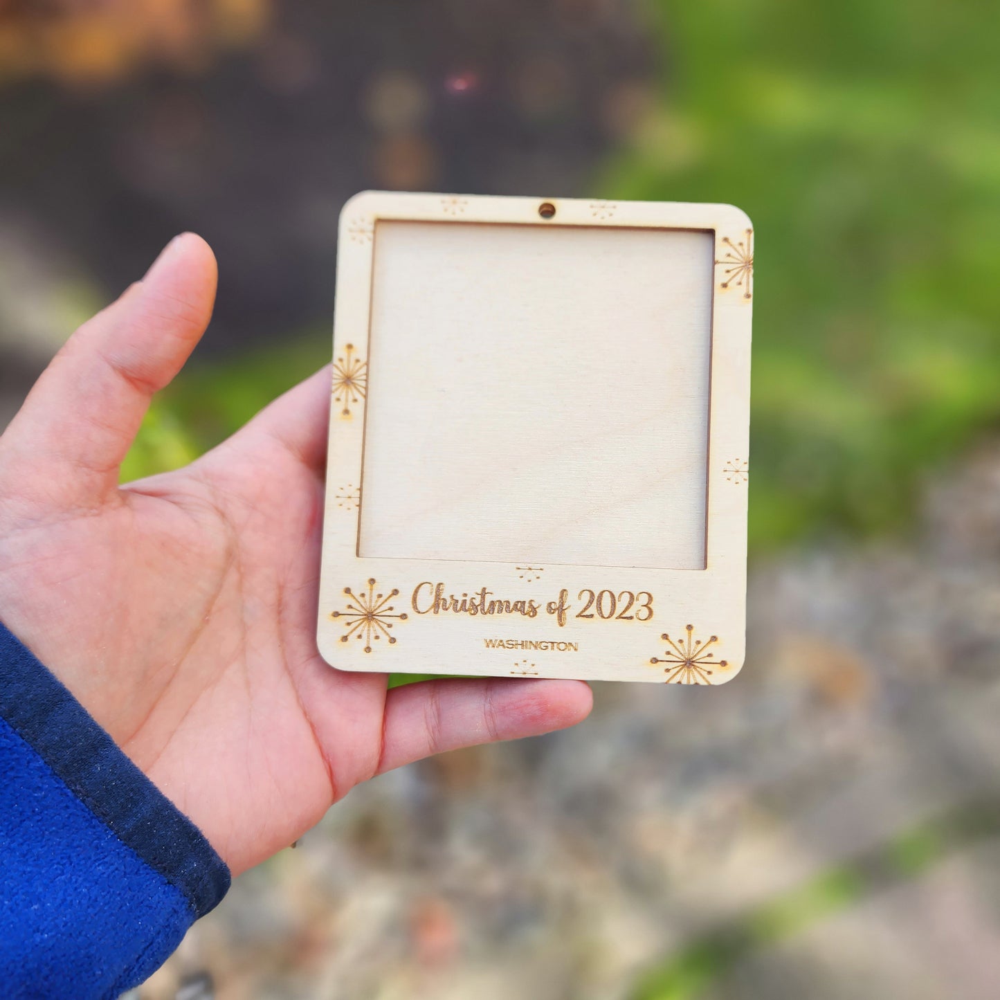 Personalized Wooden Photoframe Ornament for Baby's First Christmas, New Home, New City, First Christmas as Husband and Wife.