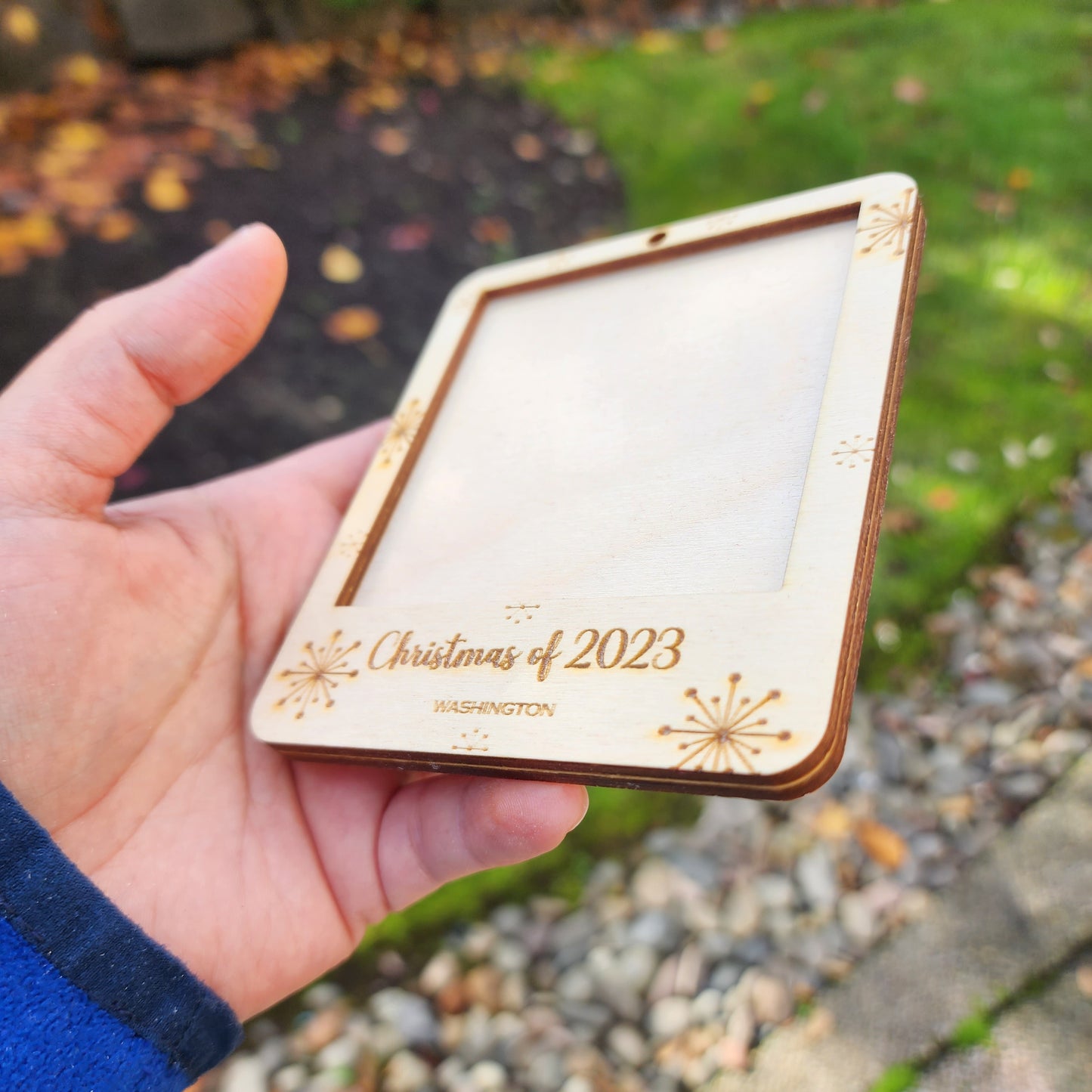 Personalized Wooden Photoframe Ornament for Baby's First Christmas, New Home, New City, First Christmas as Husband and Wife.